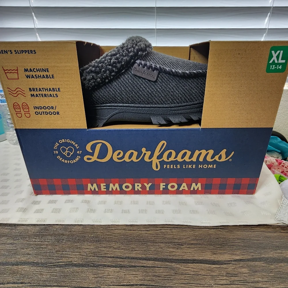 Dearfoam mens slippers black memory foam comfort in out washable size 13-14 xlrg